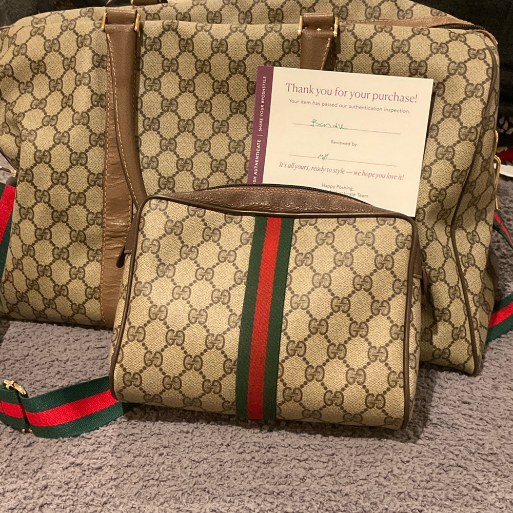 Gucci Beige Monogram Bag Set with Red and Green Accents